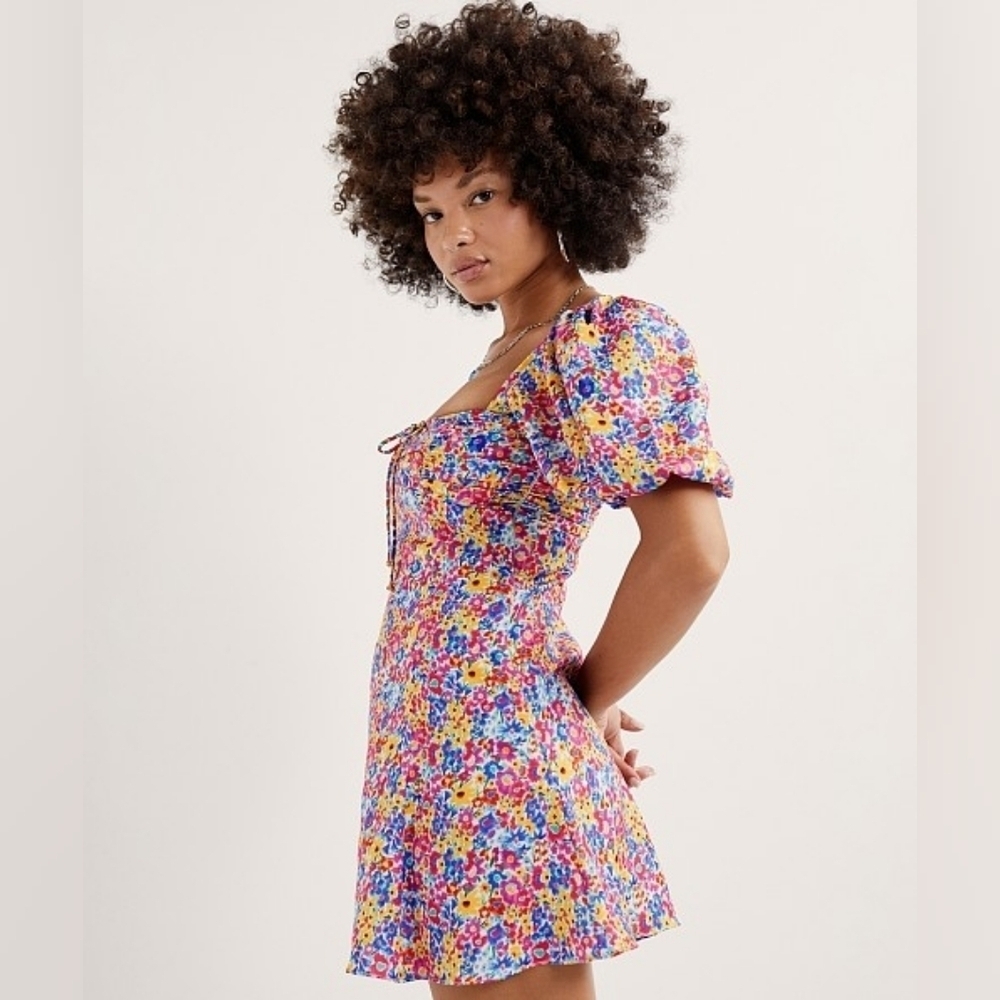 For Love & Lemons Sasha Mini Dress Blue Dizzy Floral Puff Sleeves Size Small